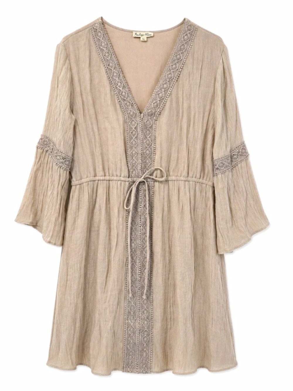 Boho Beige XL Lace-Trim V-Neck Tie-Waist Midi Dress